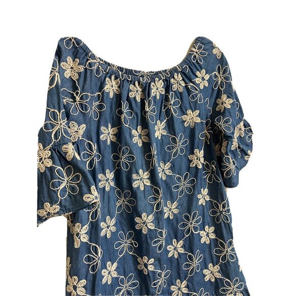 eci NY Embroider Denim Blue Jean Mini Dress Size 10 Round Neck Ruffled Cute - Picture 4 of 10